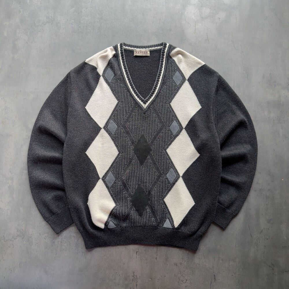 Ranger Italy Argyle V Neck Sweater Mens Large Gray Merino Wool Blend Made Italy